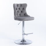 2x Height Adjustable Swivel Bar Stool Velvet Stud Barstool with Footrest and Chromed Base- Gray V226-SW1712GY