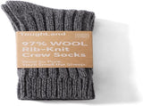 97% Merino Wool Crew Socks for Men & Women 2 Pairs Classic Rib, Thick Wool Socks for Hiking, Work, V1258-DP02-F-515