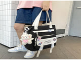 Women's Kawaii Purple Shoulder Bag with Cute Bear Plush Charm and 4 Badges Large Capacity Nylon Tote V888-ELOSUNG41084