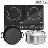 SOGA Dual Burners Cooktop Stove, 30cm Cast Iron Skillet and 14L Stainless Steel Stockpot ECOOKTDBL-SIZZLE30-STOCKPOT14L