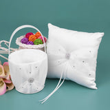 7 * 7 inches White Satin Rhinestone Decorated Ring Bearer Pillow and Wedding Flower Girl Basket Set V1294-YM0901-H21028