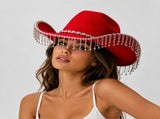 Western Cowboy Hat with Rhinestone Tassel Fringe - Red Felt-Style Party Hat with Decorative Chain V888-ELOSUNG57118-4