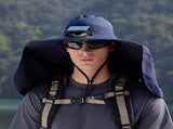 Navy Blue Outdoor Solar Fan Sun Hat - Large Brim Fishing Hiking Hat with Neck Cape V888-ELOSUNG33096