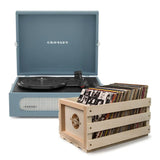Crosley Voyager Bluetooth Portable Turntable Bundled Record Storage Crate - Washed Blue V398-CR8017BSC-WB4