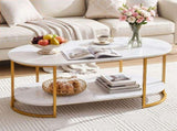 Artiss Coffee Table 2 Tier Oval Marble Finish Storage Shelf Metal Frame Center Table Living Room FUR-Z-COF11-GDWH