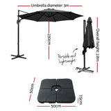 Instahut 3m Outdoor Umbrella w/Base Cantilever Beach Roma 360 Degree Tilt Black UMB-ROMA-BASE-50N-BK
