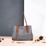 Top-Grain Leather Contrast Tote Large Capacity Commuter Shoulder & Handbag, Fabric Lining V1232-ZPDJB-001
