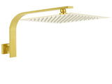 WELS Brushed Gold 12" Square SUS Shower Head Brass Gooseneck Wall Arm Set V1233-A602GKSS112G