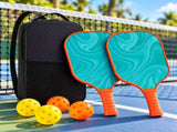 Fiberglass Pickleball Paddle Set - Orange Swirl Design with Turquoise Edge and Grip, 2 Paddles with V888-ELOSUNG57469