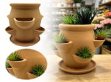 Multi Pocket Terracotta Vertical Tower green foliageer With Matching Drain Tray, Space Saving V1366-AZ2-W-16873
