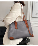 Top-Grain Leather Contrast Tote Large Capacity Commuter Shoulder & Handbag, Fabric Lining. V1232-ZPDJB-002