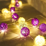 1 Set of Purple n White 5cm Rattan Cane 50 Ball Battery Powered LONG 5m String Lights Christmas Gift V382-PURPWHITERATTBALLBATT50