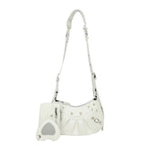 White Vintage Rivet Crescent Moon Bag with Card Holder & Mirror, French Retro PU Leather Shoulder & V888-ELOSUNG13772