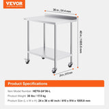 24 x 36 x 40 Inch Stainless Steel Work Table, Commercial Food Prep Worktable with Casters, Heavy V952-CFBXGGZTLCDJUI1NFV0