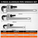 HORUSDY 3PCS Aluminum Straight Pipe Wrench Set 10" 14" 18" with Alloy Steel Jaws V465-81145