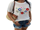 Women Summer Crochet Tops Scoop Neck Short Sleeve Pullover Sweater Hollow Out Knit Tops White XL V1192-AZ-W-20825