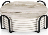 6 Pcs Black Marble Style Ceramic Drink Coasters Set with Holder, Absorbent Stone Coasters for V1366-AZ2-W-18275