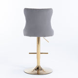 4x Height Adjustable Swivel Bar Stool Velvet Studs Barstool with Footrest and Golden Base- Grey V226-SW1912GY-2