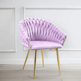 SERENIT Pink Modern Velvet Dining Chairs, Upholstered Living Room Chair with Woven Back and Golden V255-SE-GP1801-DC-PINK