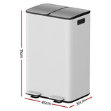 Cefito Pedal Bins Rubbish Bin Dual Compartment Waste Recycle Dustbins 60L White RB-60L-2C-WH