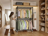 CARLA HOME Double Rail Garment Rack with Shelves - Rolling - Portable Wardrobe LSB-36526
