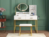 Dressing Table Stool Set in White & Gold with LED Lights and Charging Station V178-59323