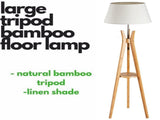 LARGE BAMBOO TRIPOD FLOOR LAMP Linen Shade Modern Light Vintage Wooden Scandi V563-BR-75099
