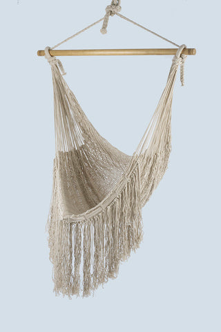 Fringed Cotton Rope Mexican Hammock Swing from Mexico in Ivory V97-CHSCHIVORY