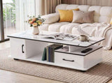 Artiss Coffee Table Marble Finish Center Table with Storage Drawer Cabinet Wood White FUR-S-COF12-MBWH