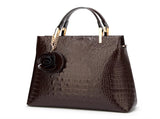 Dark Coffee Patent PU Leather Crocodile Embossed Shell Bag with Floral Pendant V888-ELOSUNG42049