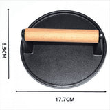 Burger 7Inch Round Cast Iron Smash Bacon Meat Steak with Wood Handle for Griddle, Sandwich, Nonstick V1369-AZ3-W-11799
