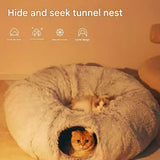 Grey Foldable Cat Tunnel Bed - Plush 2-in-1 Pet Nest with 26cm Wide Opening, Non-Slip Base and V888-ELOSUNG53674