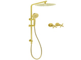 WELS Brushed Gold Twin Shower Large Round 12" Rain Head Handheld Silde Wall Rail Arm Stylish Mixer V1233-S4902ABGHR002M4CGKSR112GKCR201BG