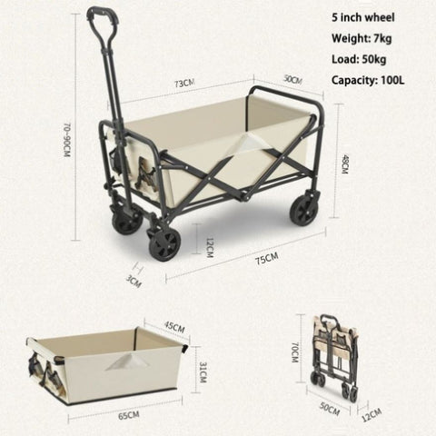 5 Inch Wheel Beige Folding Beach Wagon Cart Trolley Garden Outdoor Picnic Camping Sports Market V255-TROLLEY-5INCH-BE