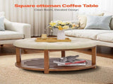 Large Round Ottoman Coffee Table, 81 cm Tufted Coffee Table with Wood Shelf Storage, Linen V952-BYJDYXWSJKFSU67U8001V0