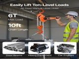 Manual Lever Chain Hoist, 6T 6000KG Capacity Heavy Duty Come Along, 3M Lift G80 Alloy Steel Chain V952-CGKSBHLHL6T1EG5BT001V0