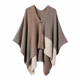 Brown Pure Wool Extra Large Shawl Scarf Color Block Multi-functional Warm Cashmere Cape Poncho V888-ELOSUNG32677