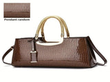 Black Tote Bag Patent Croc Embossed Gold Handles Stylish Accessory High Quality - Khaki - Size L V1347-127-48451-KHK-L