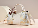 Crane Embroidered Handbag PU leather spliced with gold/silver thread crane pattern, silk scarf bow V1385-CXSTB-WU-1013-008