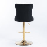 2x Height Adjustable Swivel Bar Stool Velvet Studs Barstool with Footrest and Golden Base- Black V226-SW1912BK