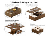 Fittro 3-in-1 Lift Top Coffee Table with 4 Chairs, Dining Table Work Desk Built-in Storage, MF-CT-W4C-WAL-AB