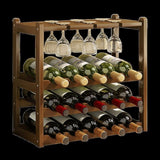 Bamboo Wine Rack Free Standing 15 Bottles with 6 Glasses Holder Storage in Dark Brown V63-837981