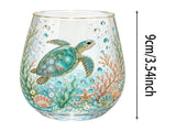 Hand Painted Sea Turtle Stemless Wine Glass, Gold Rim Underwater Marine Decor Tumbler Cup for Water V1369-AZ3-W-14742
