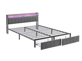 Double Bed Frame with 2 Storage Drawers and LED Lights Headboard, Upholstered Bed Frame with V1127-AU-2452DB-GRY