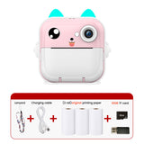 Pink cat Kids Instant Print Camera Zero Ink Digital Video Recorder with 32GB Card and 3 Paper Rolls V888-ELOSUNG40393