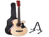 Alpha 38 Inch Acoustic Guitar Wooden Body Steel String Full Size w/ Stand Wood GUITAR-D-38-NAT-CAPO