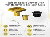 15x15cm Square Shower Drain with Removable Tile Insert Grate Brushed Gold 304SS, CUPC Certified V63-955541
