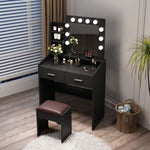 Diana Vanity Set with Shelves Cushioned Stool and Lighted Mirror- Black V264-TAB-717C-BLK-NA-1