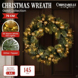 Christabelle 76cm Christmas Wreath Glittery with LED Lights Golden Baubles Front Door Decoratio 112_SENG76