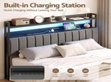 Artiss King Headboard Charging Station Storage LED Light Grey Upholstered BED-HEAD-ZAK-K-BK